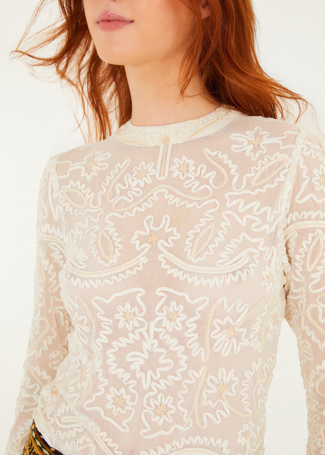 Off-White Embroidery Long Sleeve Blouse
