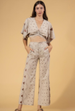 Embroidered Cotton Pant Beige Brown