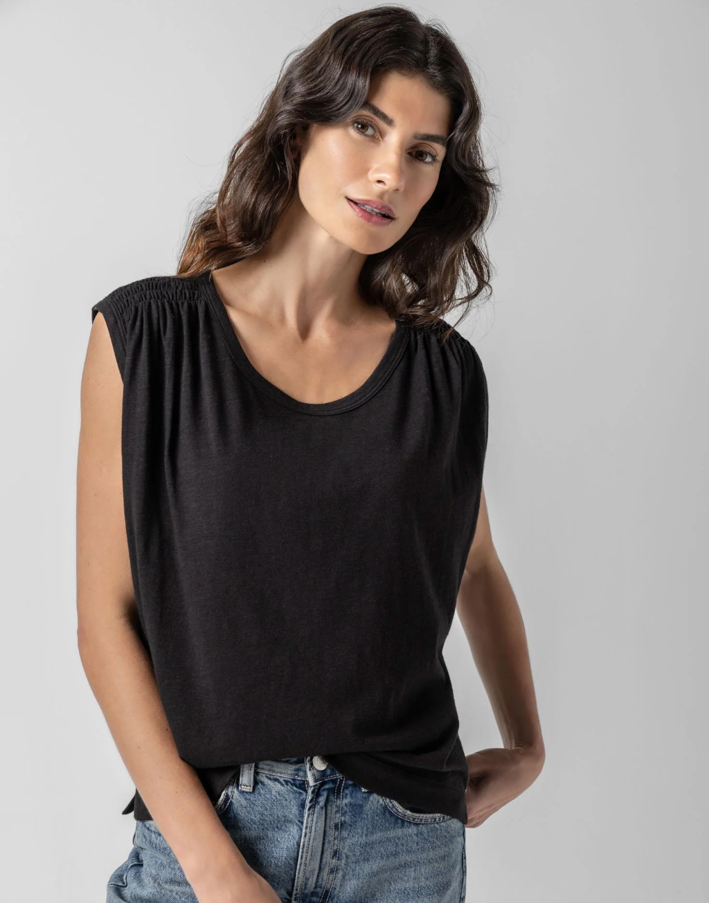 Shirred Shoulder Scoop Neck - Available in White