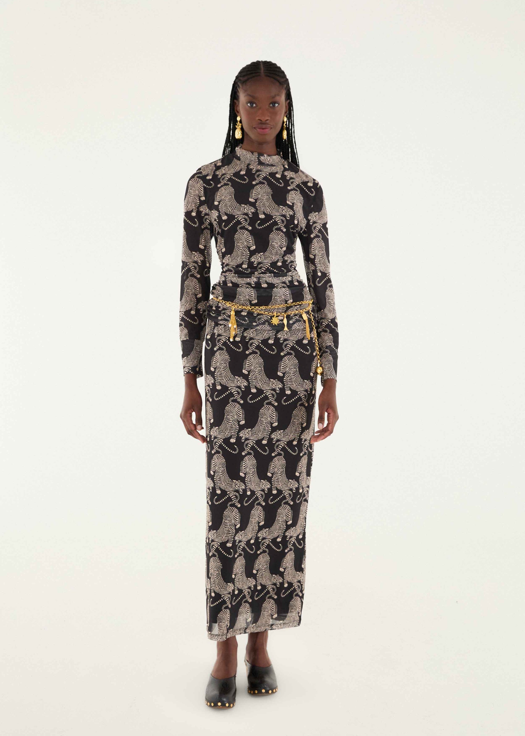 Striped Tigers Black Tulle Midi Skirt