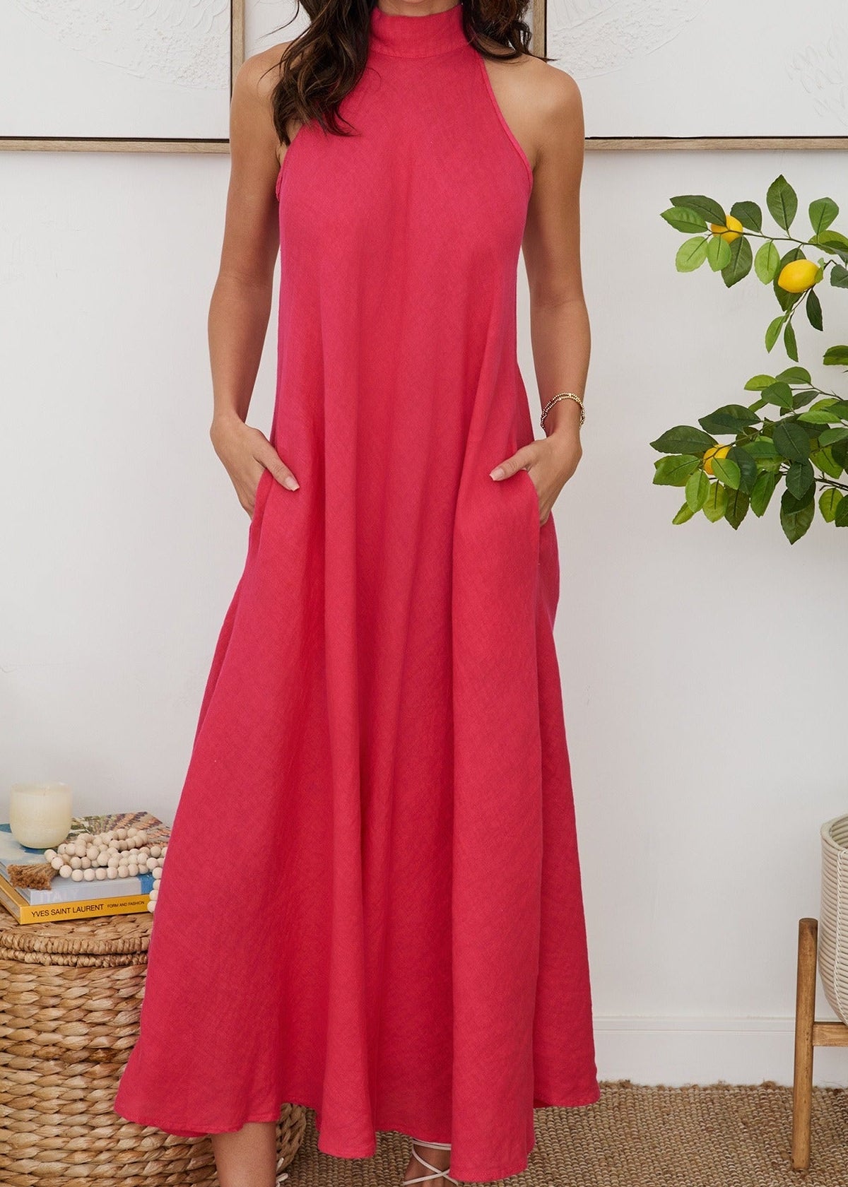 Solid Linen Mock Neck Maxi Dress